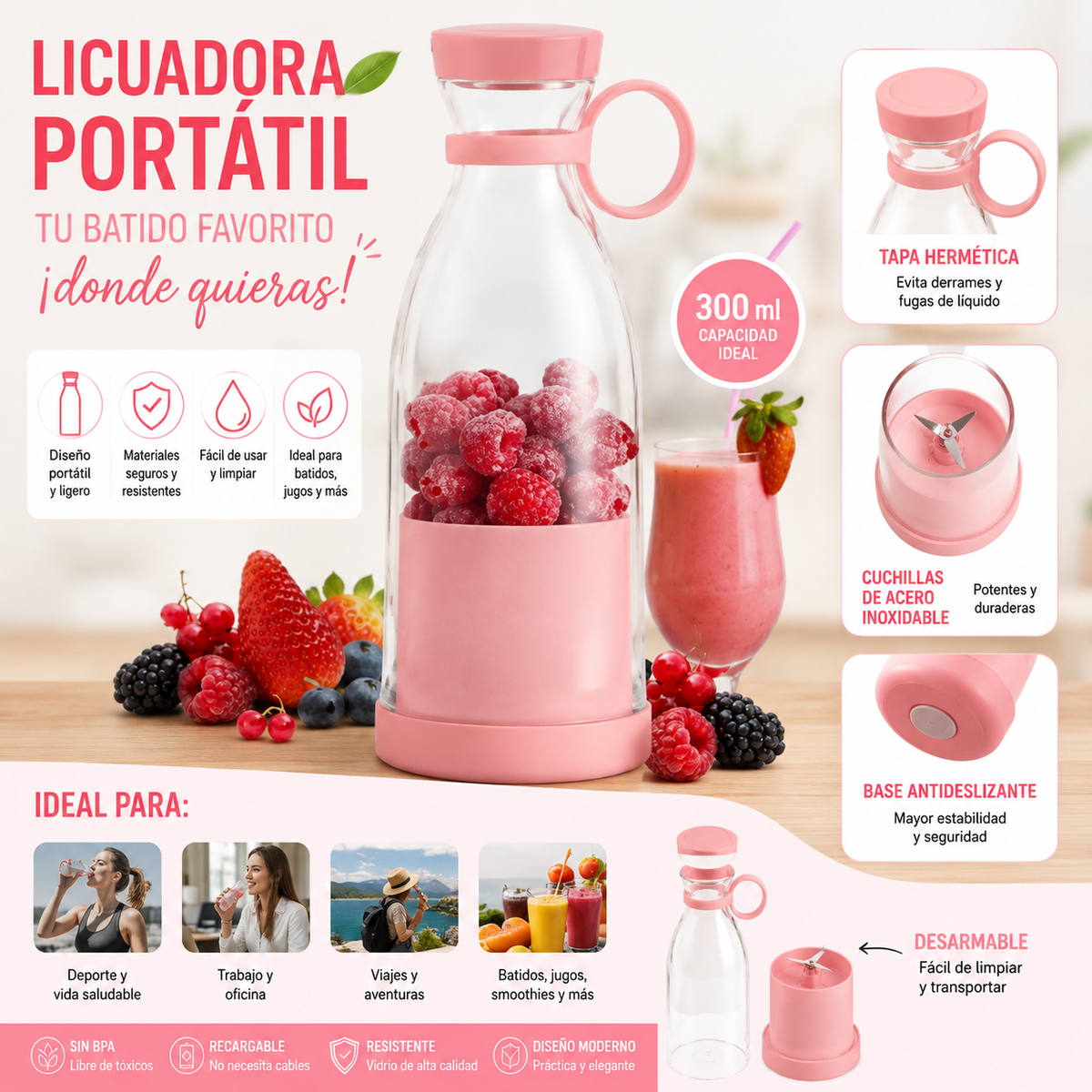 Licuadora Portátil Recargable USB Fresh Juice | Vasos & Batidos en Segundos