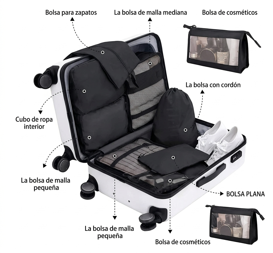 Kit Organizador de Maletas 7 Piezas – Bolsas de Viaje Impermeables (Rosado y Negro)