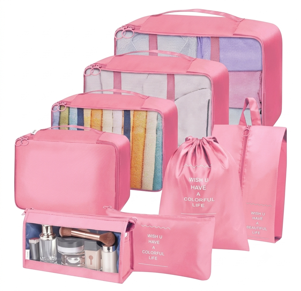 Kit Organizador de Maletas 7 Piezas – Bolsas de Viaje Impermeables (Rosado y Negro)